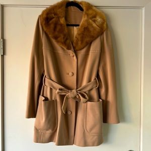 Vintage Button Down Coat with Fur Collar and Waist Tie